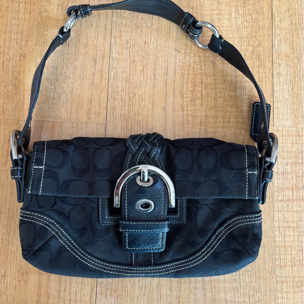 Vintage Coach Black Signature Jacquard Shoulder Bag with Buckle Detail